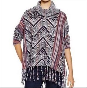 Free People Be The One Poncho Cowl Neck Sweater Womens Small Wool Fringe Aztec